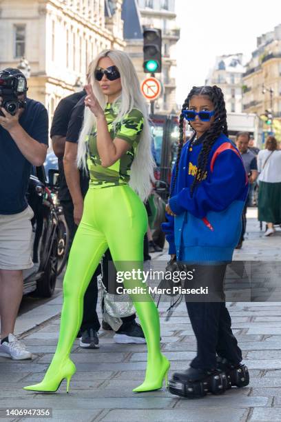 Kim Kardashian and North West are seen during the Paris Fashion Week on July 05, 2022 in Paris, France.