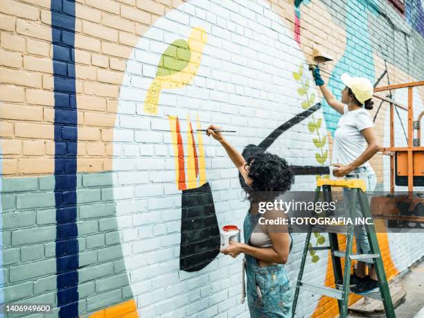 duas artistas femininas pintando grande mural de parede - grafite produção artística - fotografias e filmes do acervo