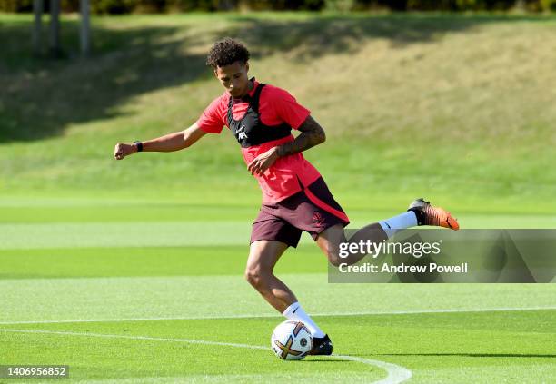 Rhys Williams of Liverpool during a pre-season training session at AXA Training Centre on July 05, 2022 in Kirkby, England.