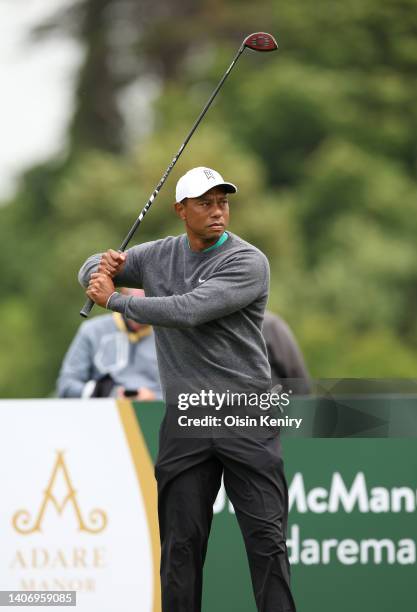 Tiger Woods of United States plays his tee shot at the 8th hole during Day Two of the JP McManus Pro-Am at Adare Manor on July 05, 2022 in Limerick,...