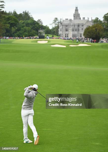 Rory McIlroy of Northern Ireland plays his second shot to the 9th hole during Day Two of the JP McManus Pro-Am at Adare Manor on July 05, 2022 in...