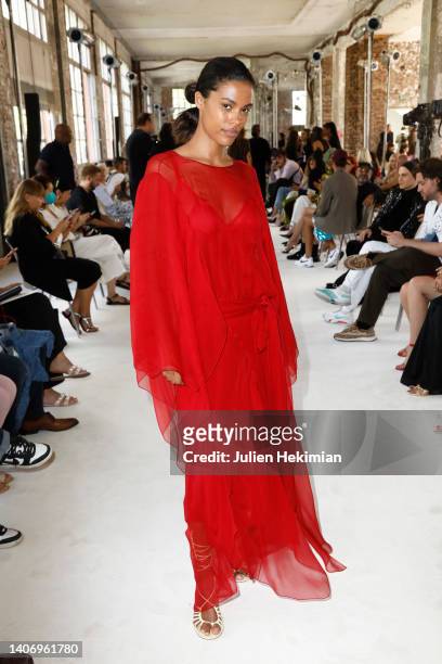Tina Kunakey attends the Alexandre Vauthier Haute Couture Fall Winter 2022 2023 show as part of Paris Fashion Week on July 05, 2022 in Paris, France.