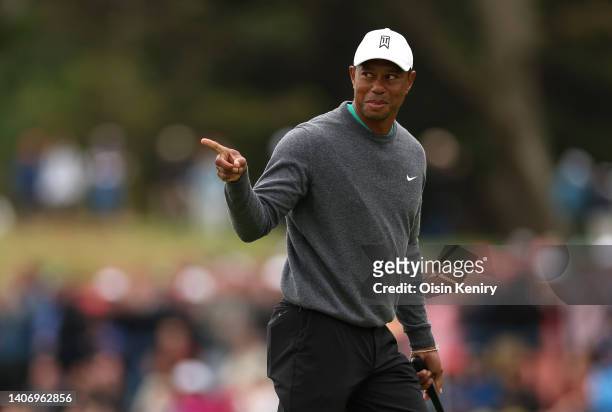 Tiger Woods of United States celebrates a birdie putt at the 17th green during Day Two of the JP McManus Pro-Am at Adare Manor on July 05, 2022 in...