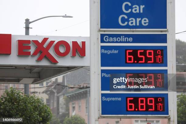 Gas prices are displayed at an Exxon gas station on July 05, 2022 in San Francisco, California. Analysts increased their estimates for Exxon Mobil's...