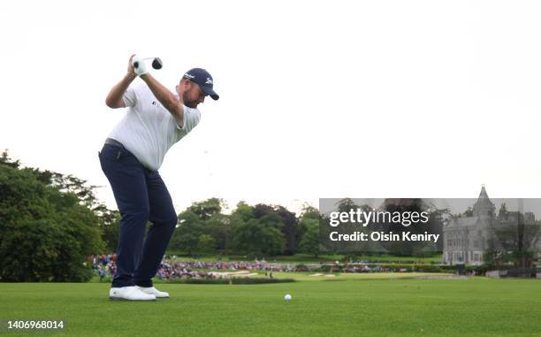 Shane Lowry of Ireland plays his tee shot to the 18th holeduring Day Two of the JP McManus Pro-Am at Adare Manor on July 05, 2022 in Limerick,...