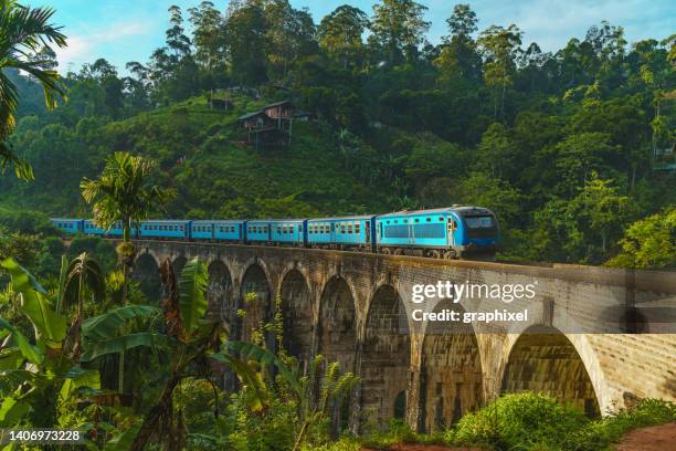 zug über die neun-bogen-brücke - landschaft asien schiene stock-fotos und bilder