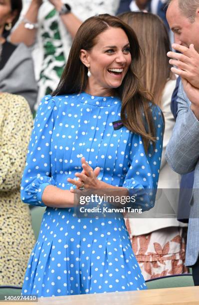 Catherine, Duchess of Cambridge attends day 9 of the Wimbledon Tennis Championships with Prince William, Duke of Cambridge at All England Lawn Tennis...