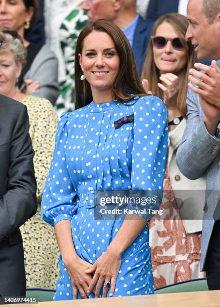 Catherine, Duchess of Cambridge attends day 9 of the Wimbledon Tennis Championships with Prince William, Duke of Cambridge at All England Lawn Tennis...