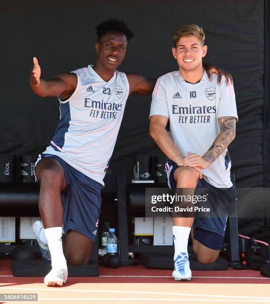 Sambi Lokonga and Emile Smith Rowe of Arsenal during the Arsenal Training Session at Adidassler Sportplatz on July 05, 2022 in Herzogenaurach,...