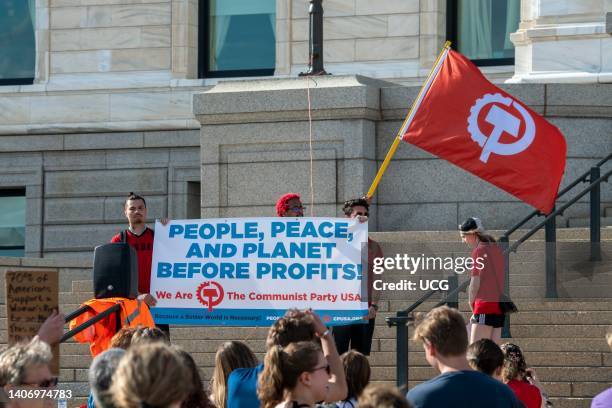 Supporters of abortion rights rally at the capitol following the scrotus ruling Roe V Wade, Members of the Communist party at the rally with their...