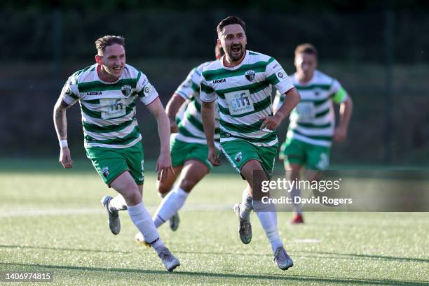 Ryan Brobbell of The New Saints celebrates scoring their team's first goal during the UEFA Champions League First Qualifying Round First Leg match...