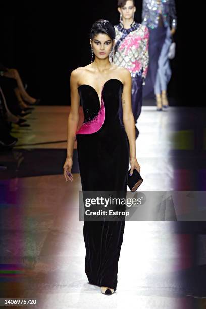 Model walks the runway during the Giorgio Armani Prive Haute Couture Fall Winter 2022 2023 show as part of Paris Fashion Week on July 5, 2022 in...