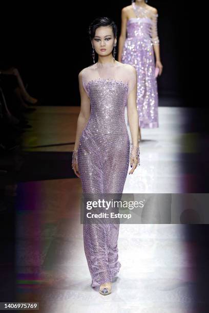 Model walks the runway during the Giorgio Armani Prive Haute Couture Fall Winter 2022 2023 show as part of Paris Fashion Week on July 5, 2022 in...