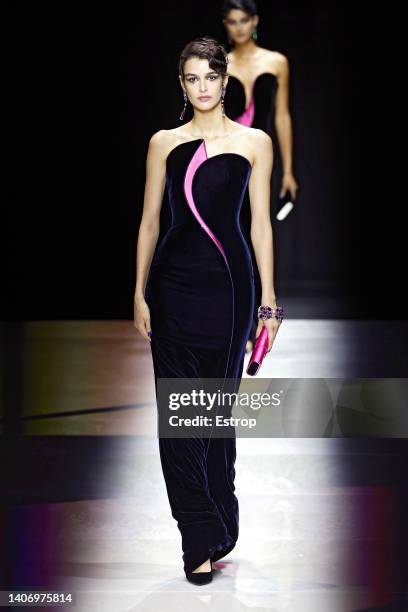 Model walks the runway during the Giorgio Armani Prive Haute Couture Fall Winter 2022 2023 show as part of Paris Fashion Week on July 5, 2022 in...