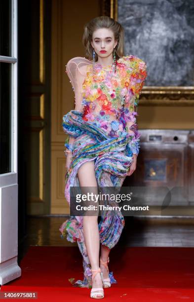Model walks the runway during the RVDK Ronald Van Der Kemp Haute Couture Fall Winter 2022 2023 show as part of Paris Fashion Week on July 05, 2022 in...