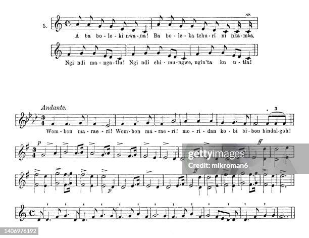 old engraved illustration of music, barong women's song (africa) and australian war song - treble clef stock pictures, royalty-free photos & images