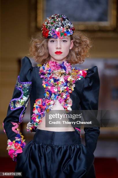 Model walks the runway during the RVDK Ronald Van Der Kemp Haute Couture Fall Winter 2022 2023 show as part of Paris Fashion Week on July 05, 2022 in...