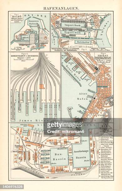 old chromolithograph map of the ports of malmo, london, trieste and kiel - river thames shape stock pictures, royalty-free photos & images