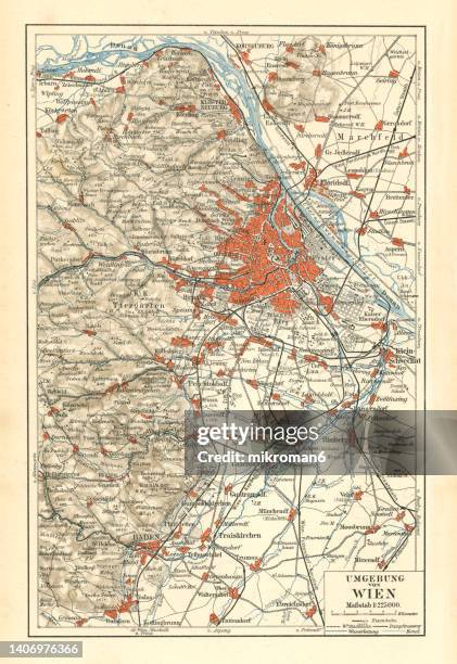 old chromolithograph map of surroundings of vienna, national capital, largest city, and one of nine states of austria - map archival stock pictures, royalty-free photos & images