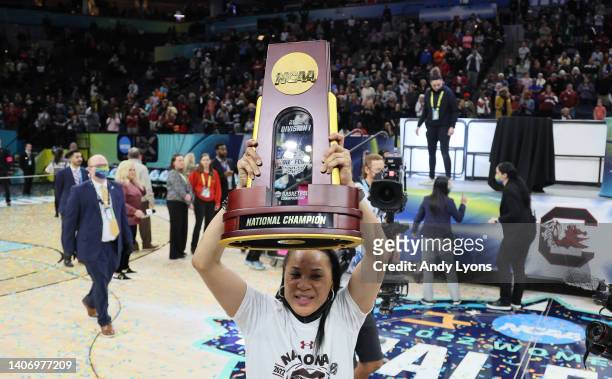 Dawn Staley the head coach of the South Carolina Gamecocks against the Connecticut Huskies in the championship game of the 2022 NCAA Women's...
