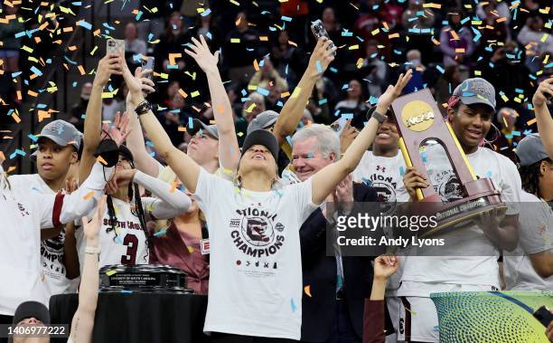 Dawn Staley the head coach of the South Carolina Gamecocks against the Connecticut Huskies in the championship game of the 2022 NCAA Women's...
