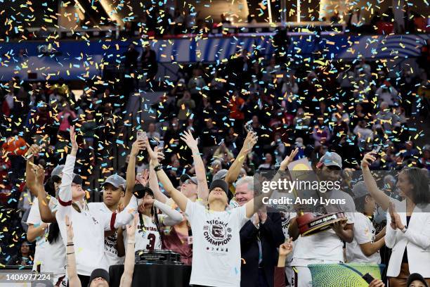 Dawn Staley the head coach of the South Carolina Gamecocks against the Connecticut Huskies in the championship game of the 2022 NCAA Women's...