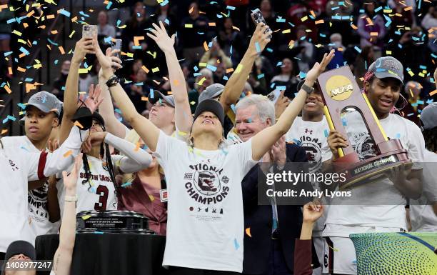 Dawn Staley the head coach of the South Carolina Gamecocks against the Connecticut Huskies in the championship game of the 2022 NCAA Women's...