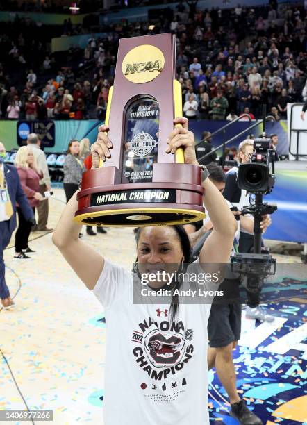 Dawn Staley the head coach of the South Carolina Gamecocks against the Connecticut Huskies in the championship game of the 2022 NCAA Women's...