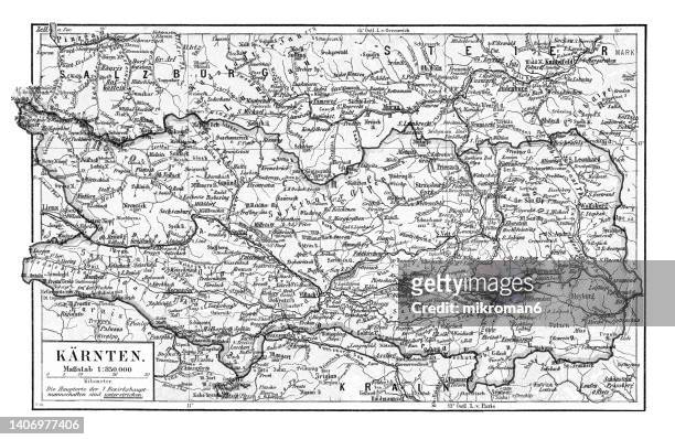 old chromolithograph map of carinthia, southernmost austrian state, in the eastern alps, and is noted for its mountains and lakes - austria map stock pictures, royalty-free photos & images