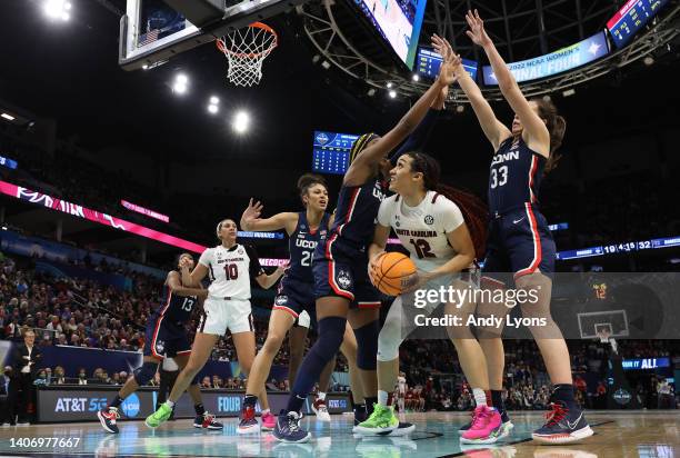 Brea Beal of the South Carolina Gamecocks against the Connecticut Huskies in the championship game of the 2022 NCAA Women's Basketball Tournament at...