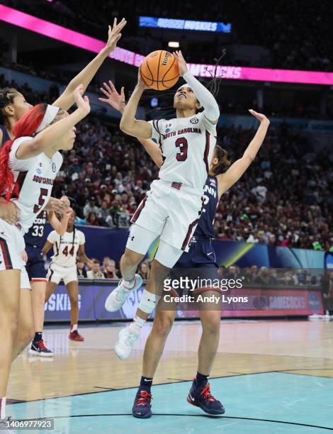 Destanni Henderson of the South Carolina Gamecocks against the Connecticut Huskies in the championship game of the 2022 NCAA Women's Basketball...