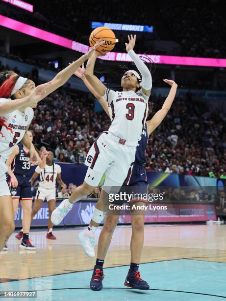 Destanni Henderson of the South Carolina Gamecocks against the Connecticut Huskies in the championship game of the 2022 NCAA Women's Basketball...