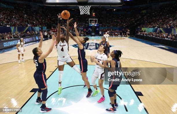 Aliyah Boston of the South Carolina Gamecocks against the Connecticut Huskies in the championship game of the 2022 NCAA Women's Basketball Tournament...