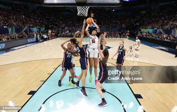 Kamilla Cardoso of the South Carolina Gamecocks against the Connecticut Huskies in the championship game of the 2022 NCAA Women's Basketball...