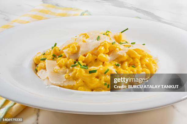 macaroni and cheese on white plate - macaroni and cheese stock pictures, royalty-free photos & images