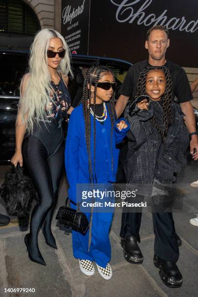 Kim Kardashian, Ryan Romulus and North West are seen during Paris Fashion Week on July 05, 2022 in Paris, France.