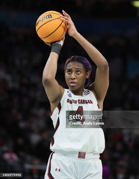 Aliyah Boston of the South Carolina Gamecocks against the Louisville Cardinals in the semi-final game of the 2022 NCAA Women's Basketball Tournament...
