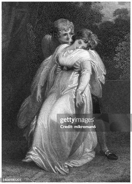 old engraved illustration of a fainting beautiful woman and the bachelors rescuing her - fainting stock pictures, royalty-free photos & images