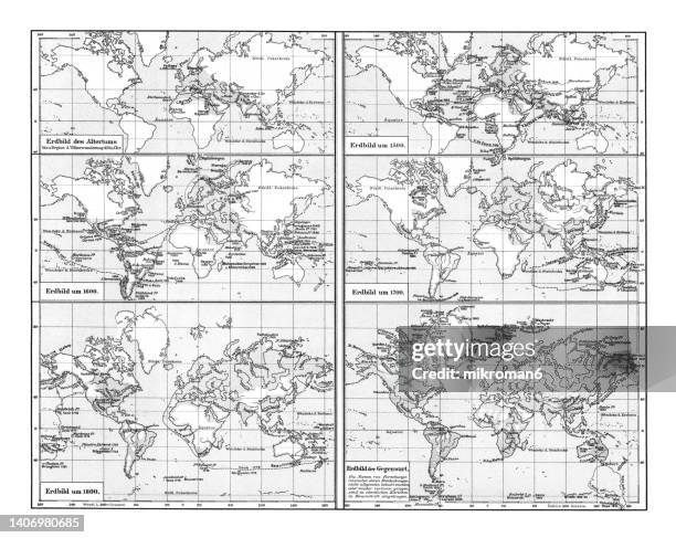 old chromolithograph maps on the history of geography - earth image of antiquity, 1500, 1600, 1700, 1800 and earth of the present - continent geographic area stock pictures, royalty-free photos & images