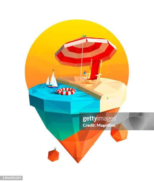 tourismus, reisen, fluginsel mit meer, entspannen am strand liegestuhl und sonnenschirm, dreiecke illustration - on deck circle stock-grafiken, -clipart, -cartoons und -symbole