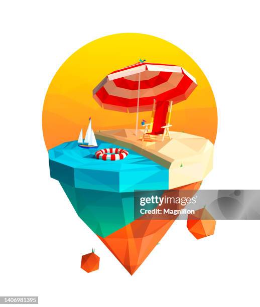 tourism, travel, flying island with sea, relaxing on the beach deck chair and umbrella, triangles illustration - polygon tree stock illustrations