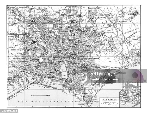 old chromolithograph map of marseille, capital of the provence-alpes-côte d'azur region, france - region provence alpes côte dazur stock-fotos und bilder