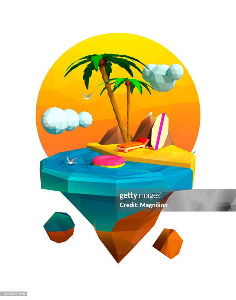 Flying Island with Sea, Palm Trees, Surfboard, Tourism, Travel, Triangles Illustration