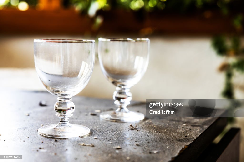 Two empty glasses on a table