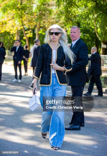 Sarah Harris seen wearing wide leg denim jeans, blazer outside Chanel Paris Fashion Week - Haute Couture Fall Winter 2022 2023 : Day Two on July 05,...