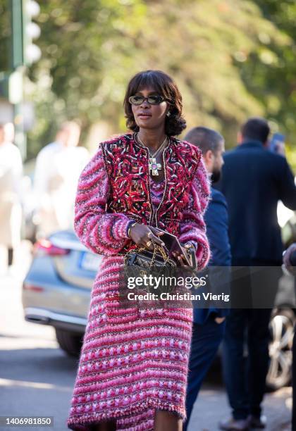 Amy Juliette Lefévre seen wearing dress in pink, vest, black bag outside Chanel Paris Fashion Week - Haute Couture Fall Winter 2022 2023 : Day Two on...