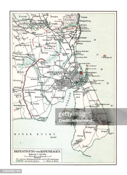 old chromolithograph map of fortification of copenhagen, denmark (fortress war) - map copenhagen bildbanksfoton och bilder