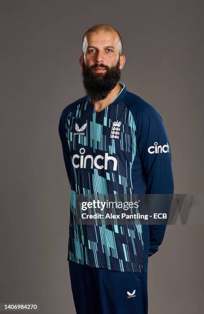 Moeen Ali of England poses during a portrait session at The Rose Bowl on July 05, 2022 in Southampton, England.