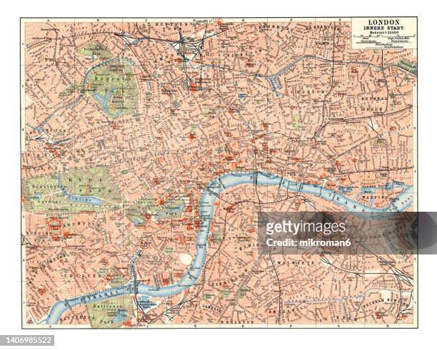 old chromolithograph map of london (inner city), england - the chronicles of narnia the lion the witch and the wardrobe london premiere stockfoto's en -beelden