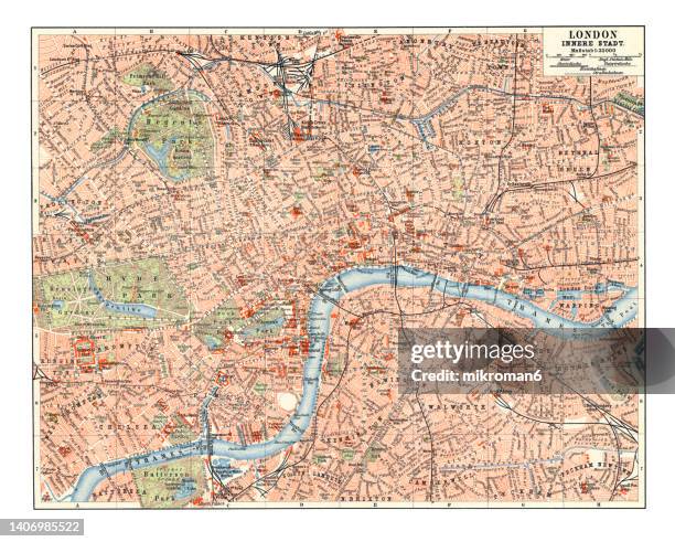 old chromolithograph map of london (inner city), england - inner london - fotografias e filmes do acervo